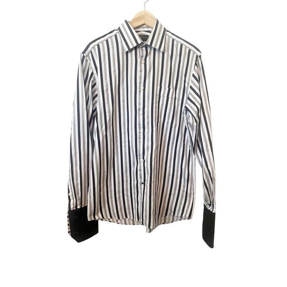 Ben Sherman Black Gray Striped Collared Long Sleeve Button Down Dress Shirt Medi - Picture 1 of 5